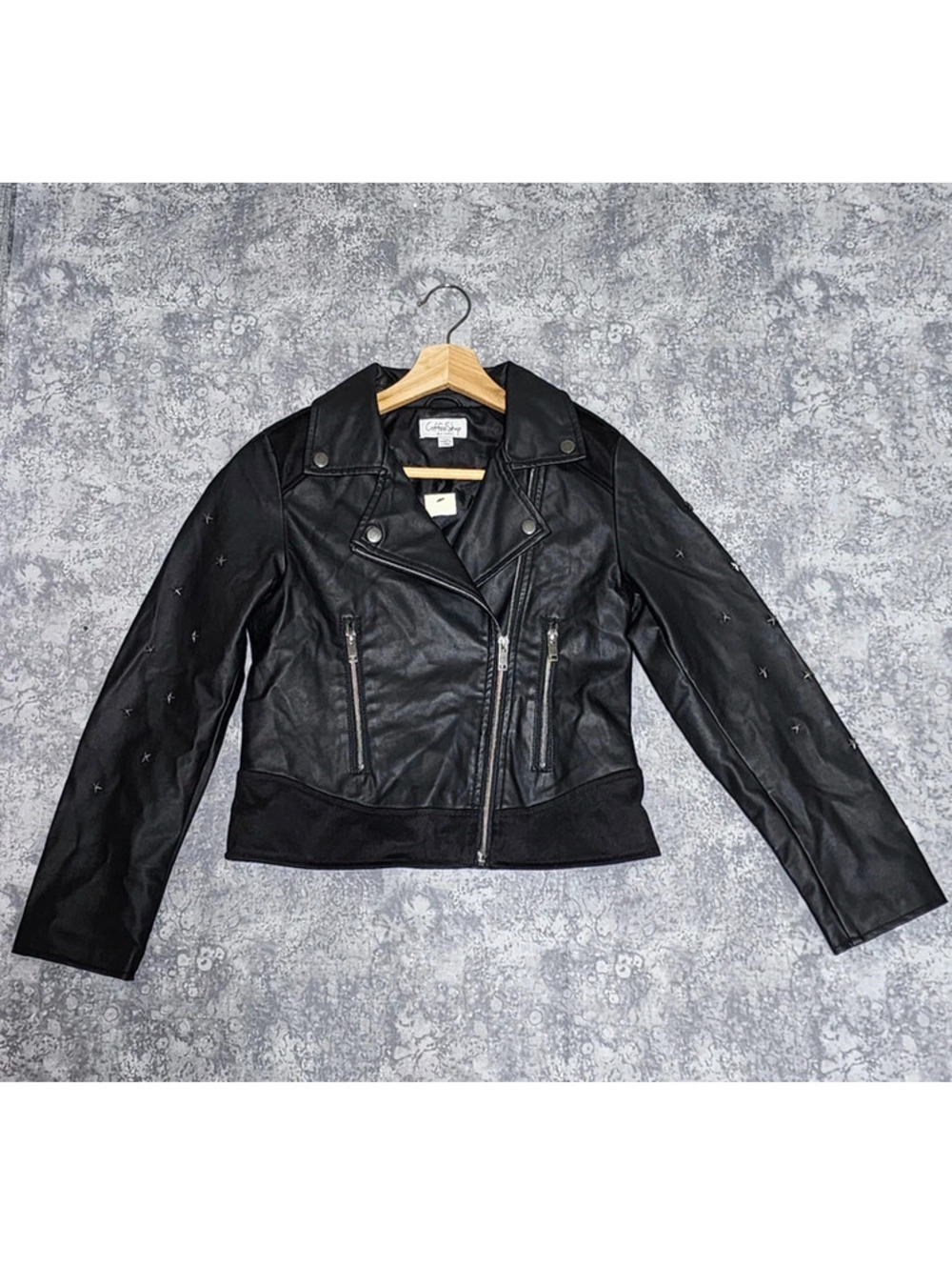 NWT Y12 Coffeeshop Black Faux Leather Star Studded Black Moto Biker Jacket